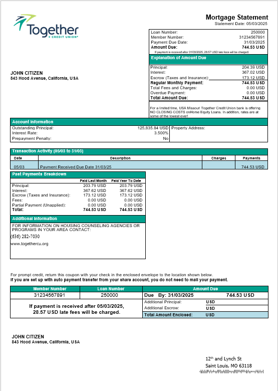 USA Missouri Together Credit Union bank  mortgage statement in Word and PDF formats